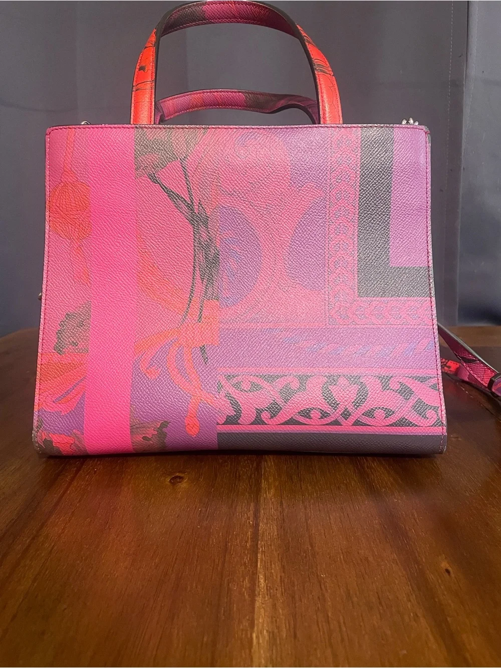 Salvatore Ferragamo Pink & Red Printed Leather Satchel with Bow Detail